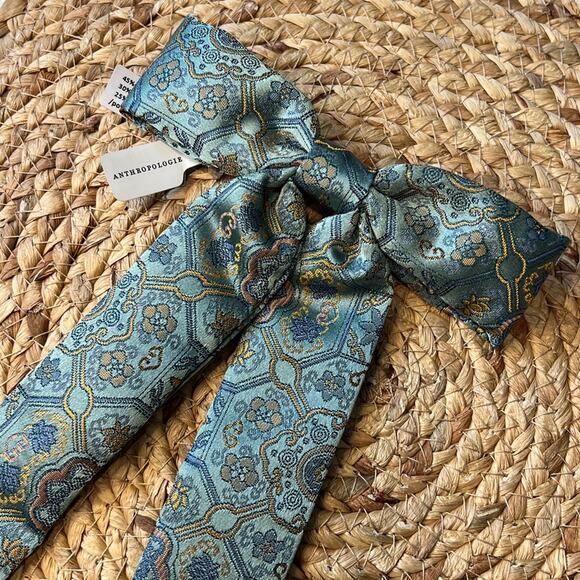 Anthropologie PAISLEY BOW Hair Barrette Clip Floral Golden Blue Mint - Picture 1 of 7